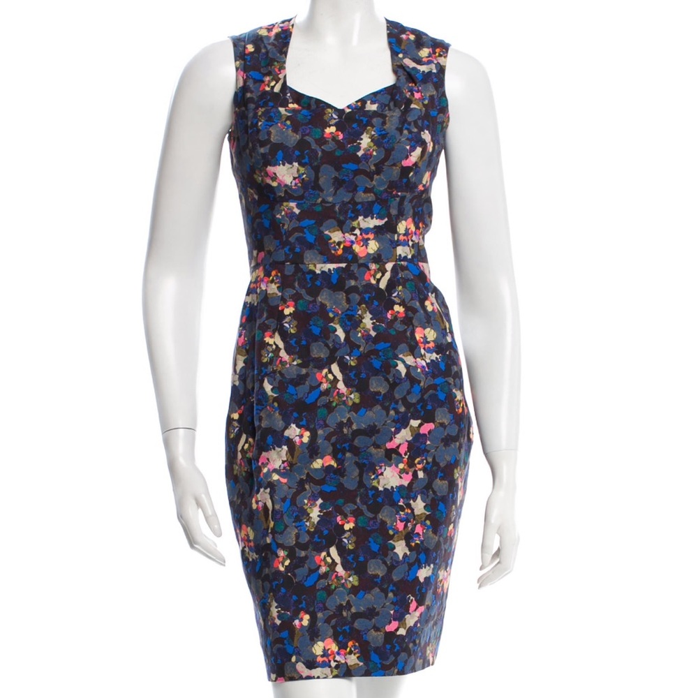 ERDEM Dark Blue and Floral Print Sheath Dress